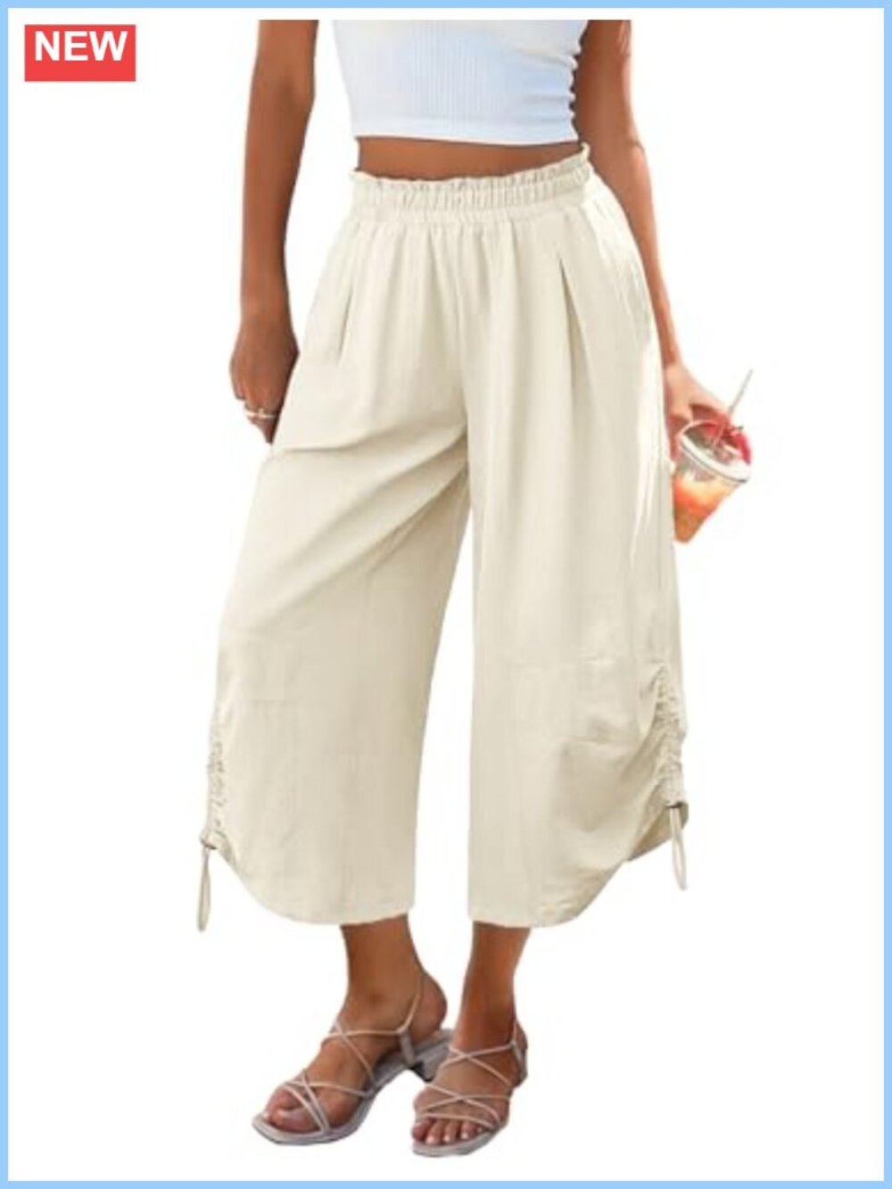 Boho Wide Leg Capri Pants Women High Waist Drawstring Pockets Flowy